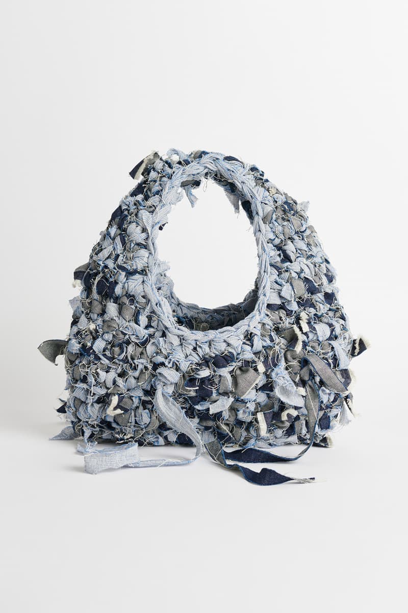 our legacy crochet bags handmade upcycled sustainable jersey printed denim leather blue gray black white unique
