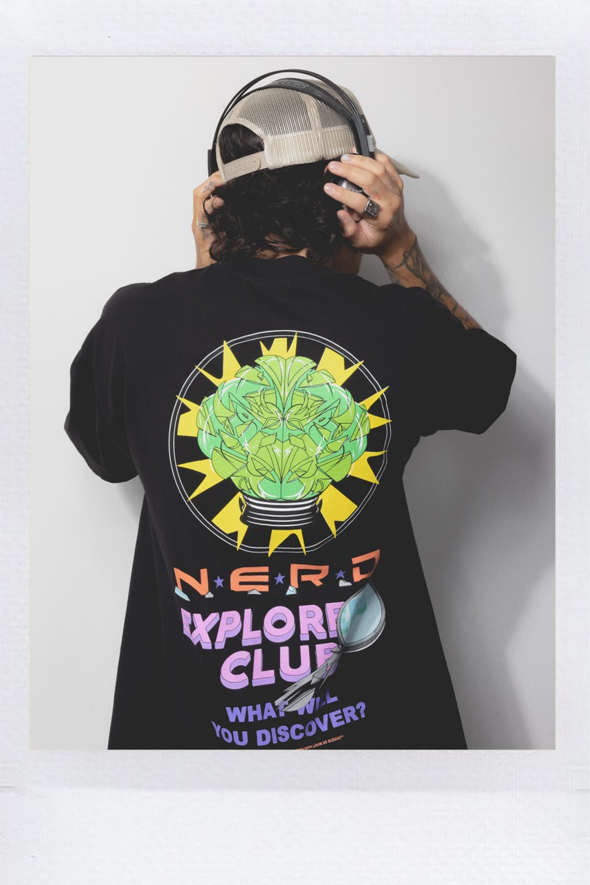N.E.R.D. and Louis De Guzman Join Forces for N.E.R.D. EXPLORERS CLUB Capsule collection collaboration band music pharrell drop september website space rug headwear socks jacket embroidery tshirt tee shirt top