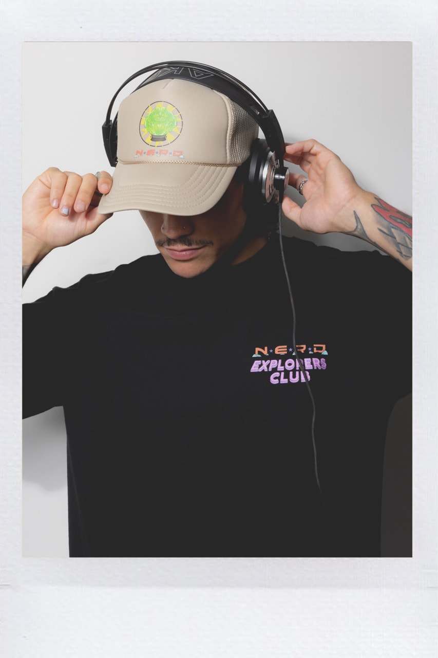 N.E.R.D. and Louis De Guzman Join Forces for N.E.R.D. EXPLORERS CLUB Capsule collection collaboration band music pharrell drop september website space rug headwear socks jacket embroidery tshirt tee shirt top