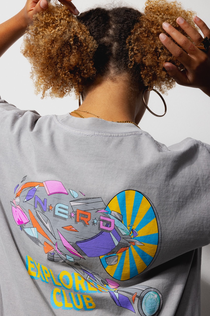 N.E.R.D. and Louis De Guzman Join Forces for N.E.R.D. EXPLORERS CLUB Capsule collection collaboration band music pharrell drop september website space rug headwear socks jacket embroidery tshirt tee shirt top