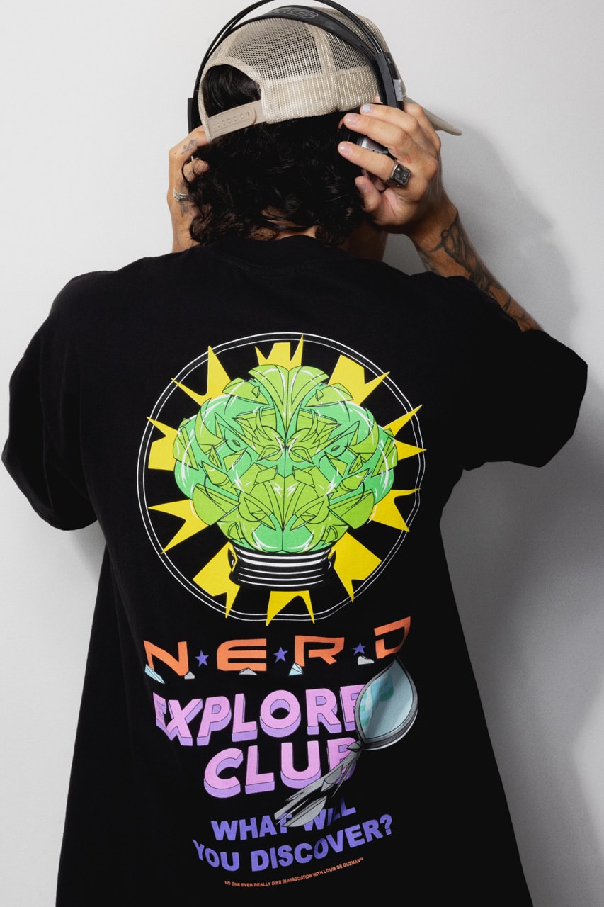 N.E.R.D. and Louis De Guzman Join Forces for N.E.R.D. EXPLORERS CLUB Capsule collection collaboration band music pharrell drop september website space rug headwear socks jacket embroidery tshirt tee shirt top