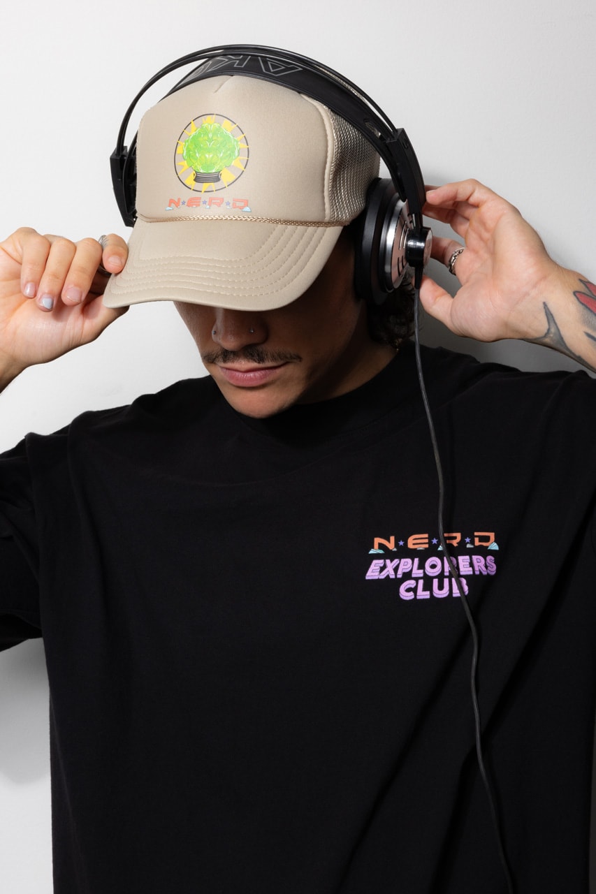 N.E.R.D. and Louis De Guzman Join Forces for N.E.R.D. EXPLORERS CLUB Capsule collection collaboration band music pharrell drop september website space rug headwear socks jacket embroidery tshirt tee shirt top