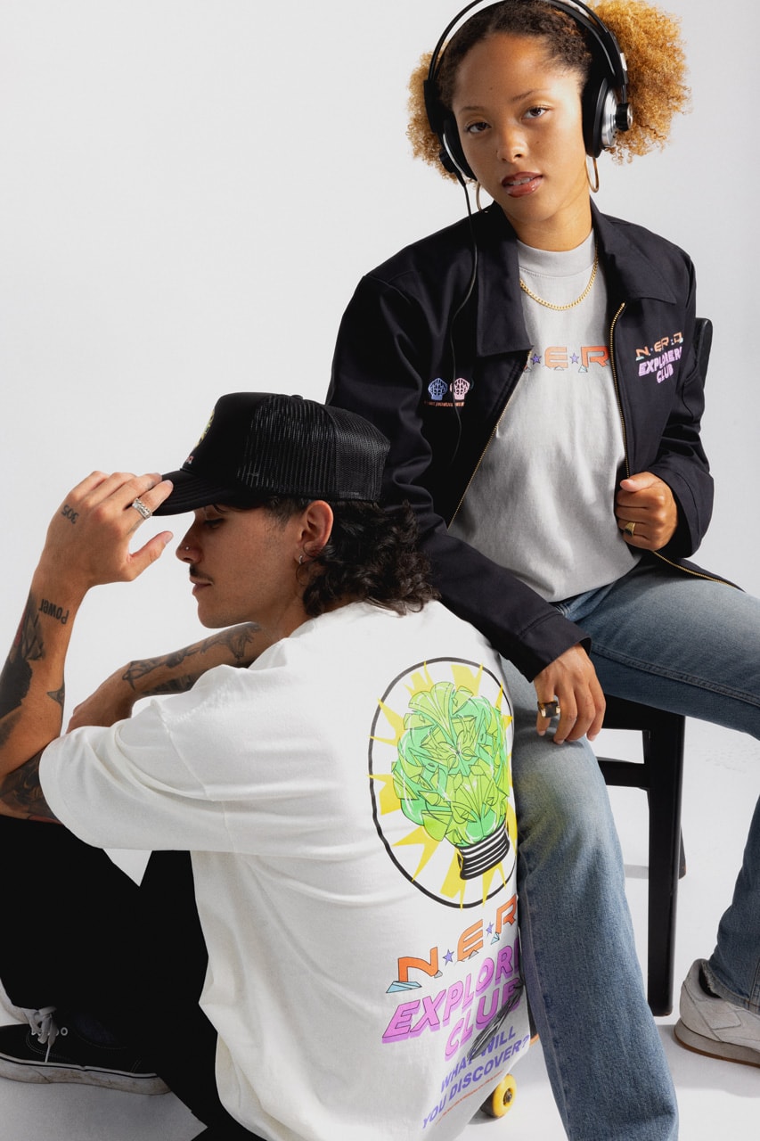 N.E.R.D. and Louis De Guzman Join Forces for N.E.R.D. EXPLORERS CLUB Capsule collection collaboration band music pharrell drop september website space rug headwear socks jacket embroidery tshirt tee shirt top