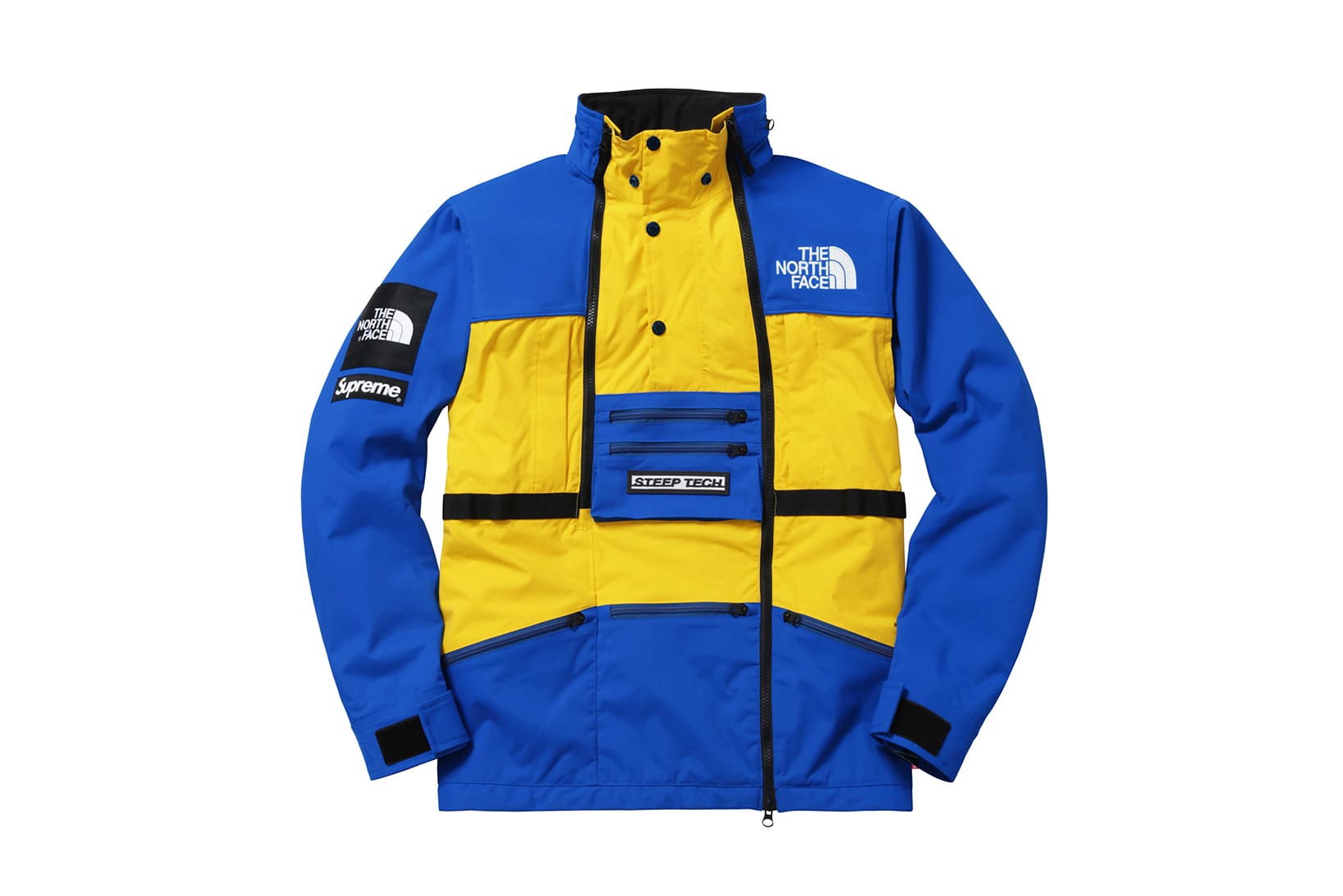 blue and yellow north face supreme jacket