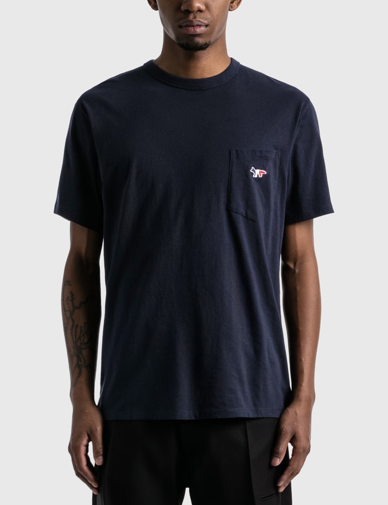Click to view more detailed imagery on our partner's website Maison Kitsuné Tricolor Fox Patch-chest Pocket Cotton T-shirt In Blue