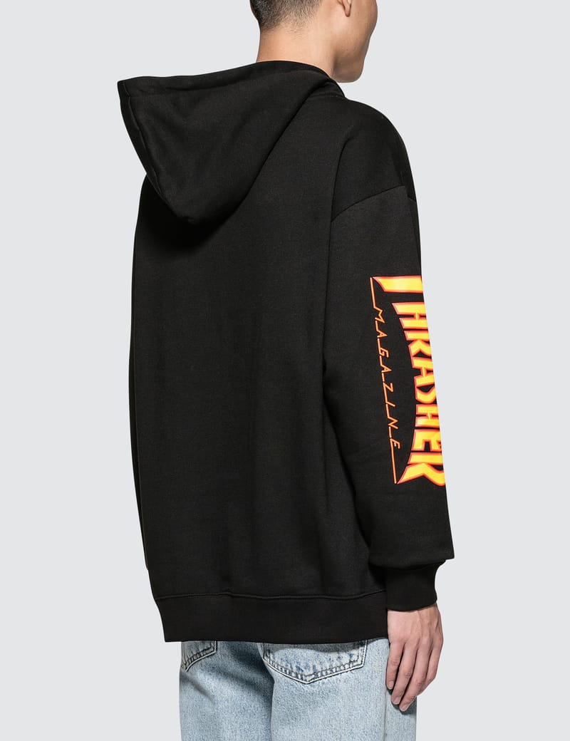 thrasher hoodie with flames on sleeves