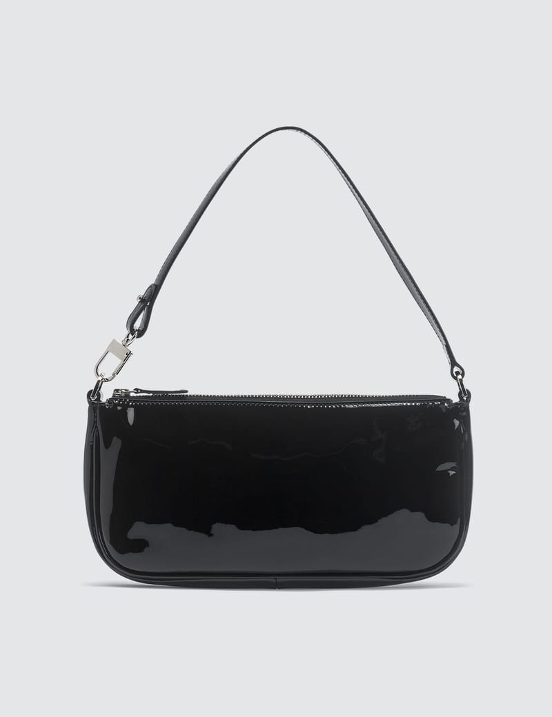 black patent tote bag