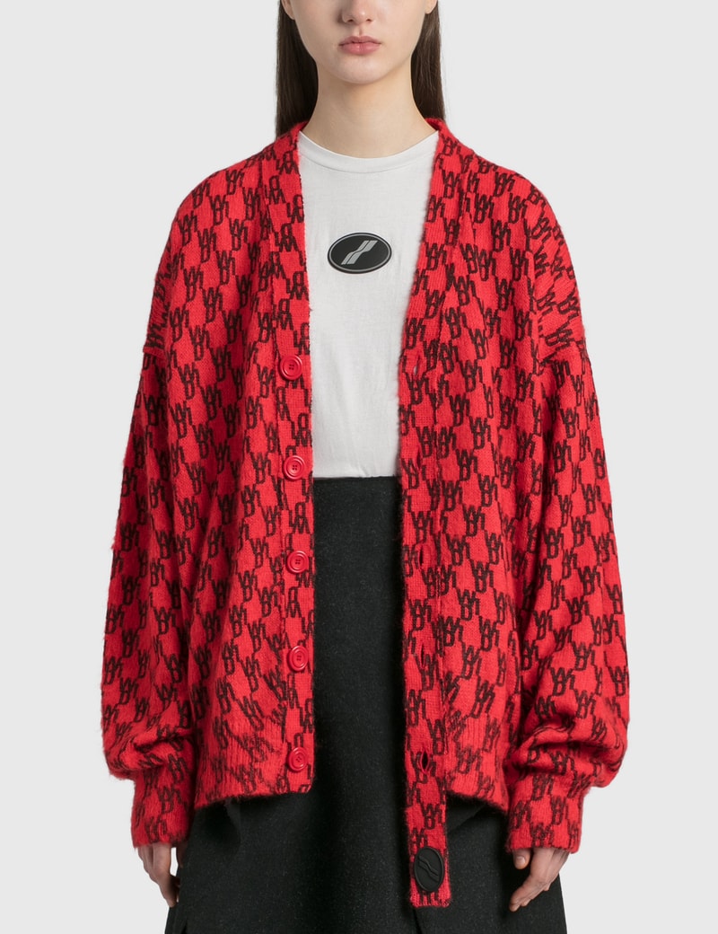 Image of Wedone Red Logo Printed Mohair Cardigan