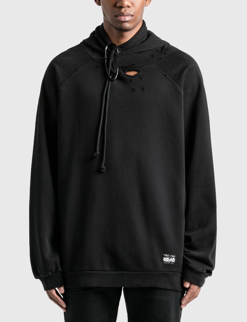 Image of Raf Simons Destroyed Oversized Hoodie With Big Pin