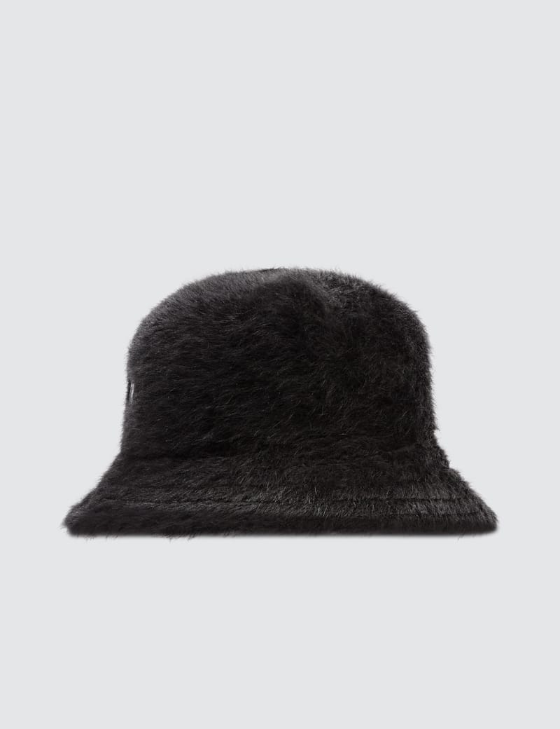 fuzzy black bucket hat