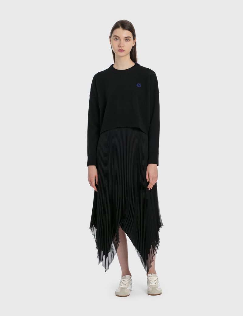 Image of Loewe Asymmetric Pleated Skirt Leather Trim