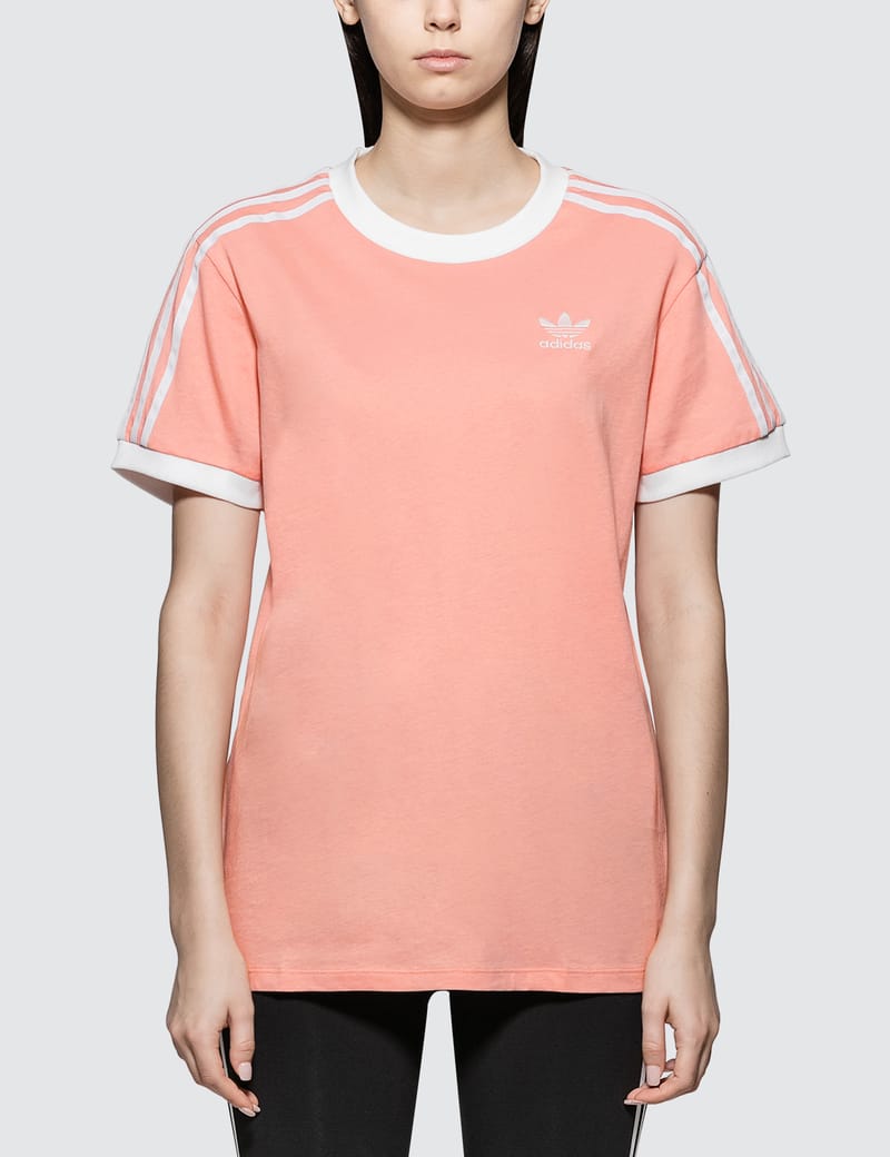 adidas pink 3 stripe t shirt