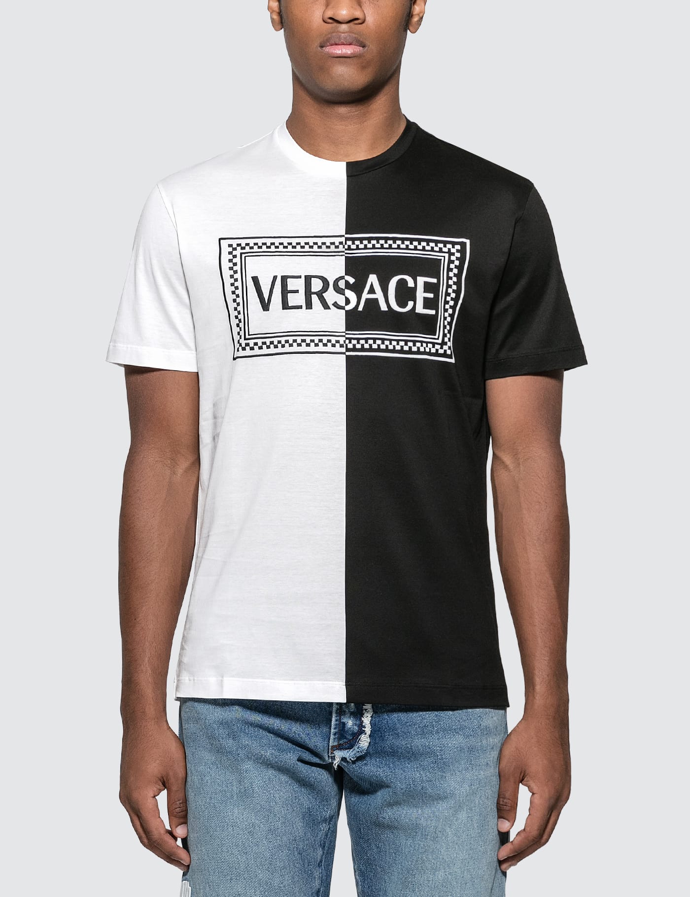 white and black versace shirt