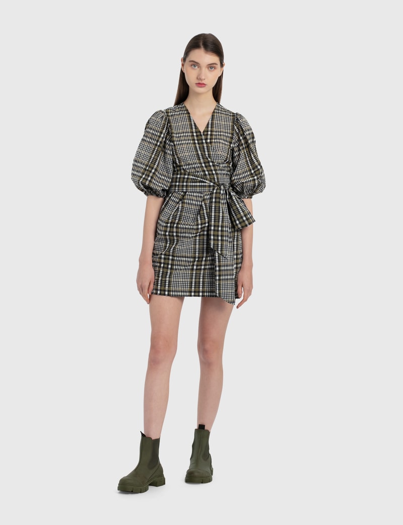 Image of Ganni Seersucker Check Wrap Dress