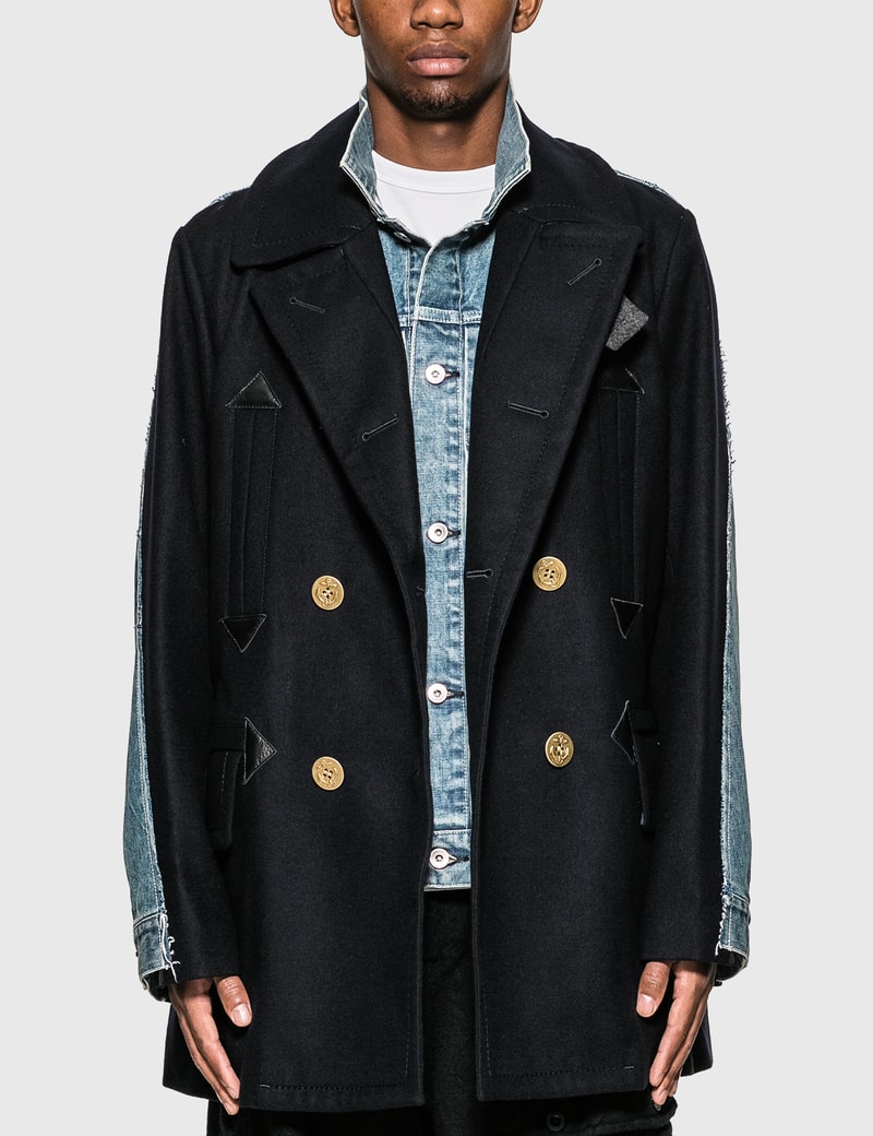 Image of Sacai Wool Melton x Denim Coat