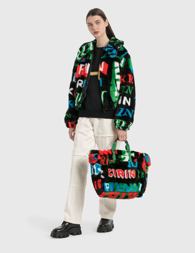 Kirin Typo Fur Jacquard Zip Up Jacket Black Green Women