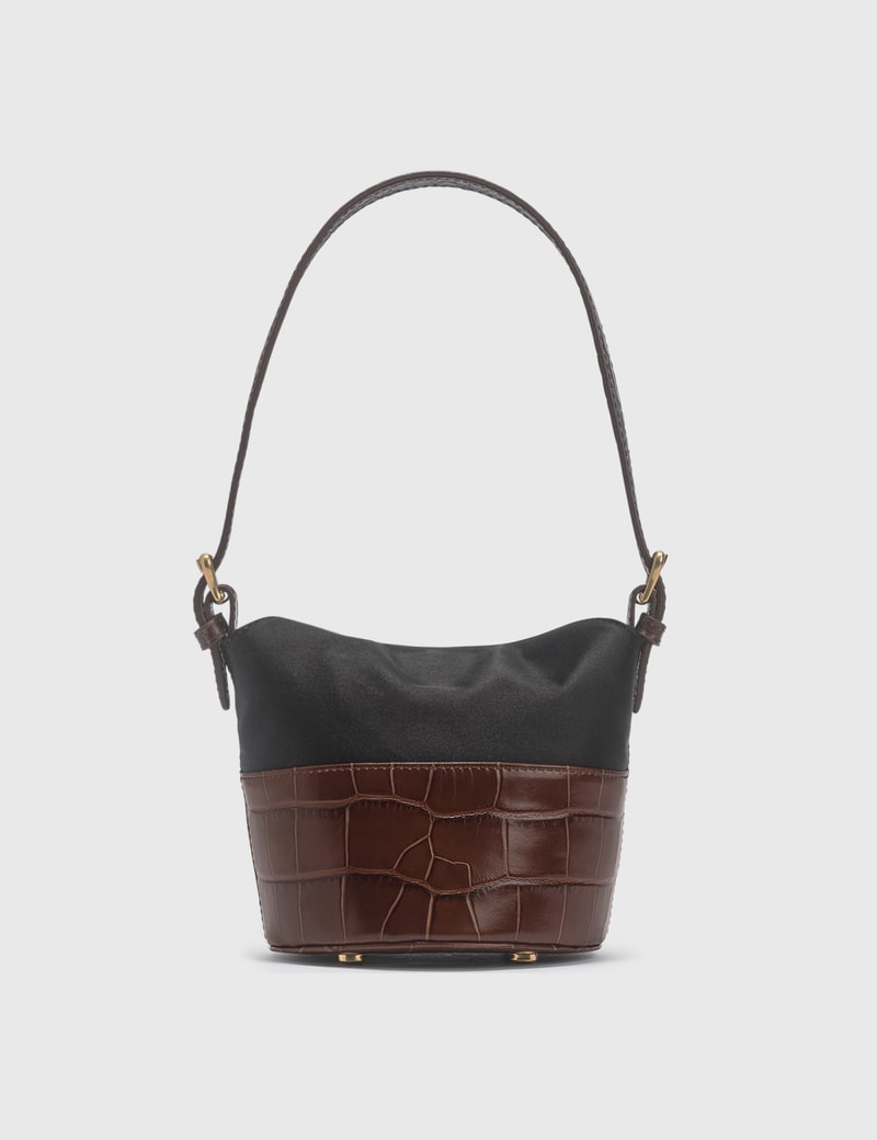 Image of BY FAR Mini Jamie Nutella Croco Embossed Leather And Black Silk Top Handle Bag