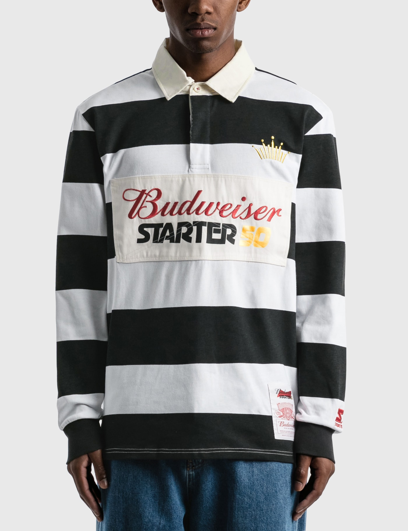 Starter Budweiser X  Varsity Stripe Rugby Shirt In Black
