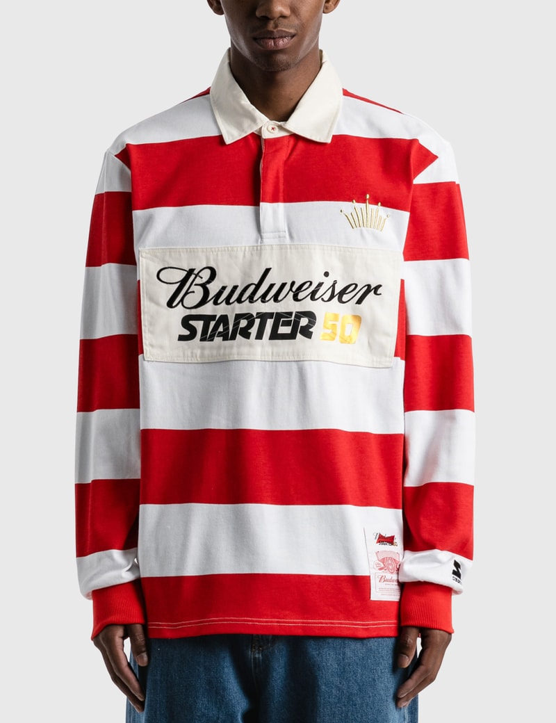 Starter Budweiser X  Varsity Stripe Rugby Shirt In Red