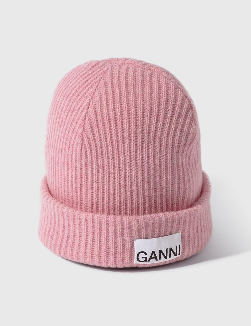 Ganni Logo-patch Ribbed Wool-blend Beanie In Pink