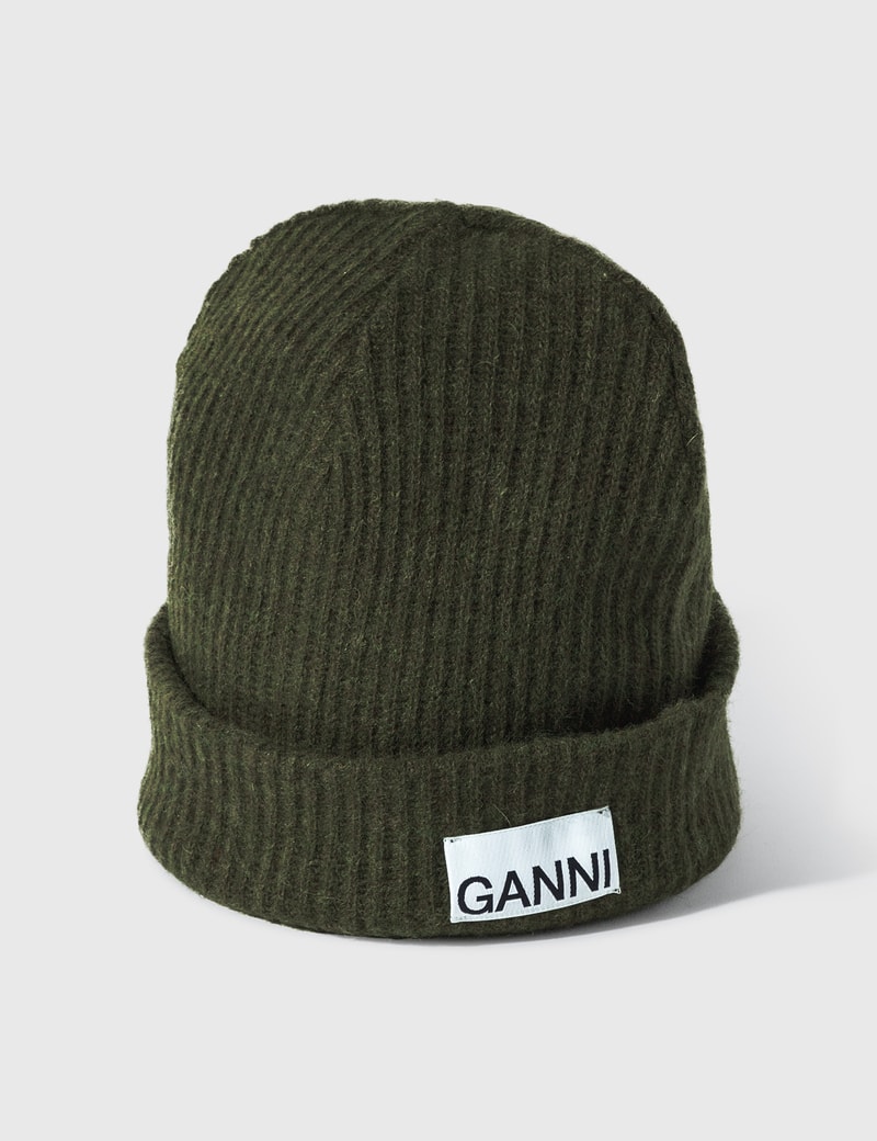 Ganni Logo-patch Recycled Wool-blend Beanie Hat In Green