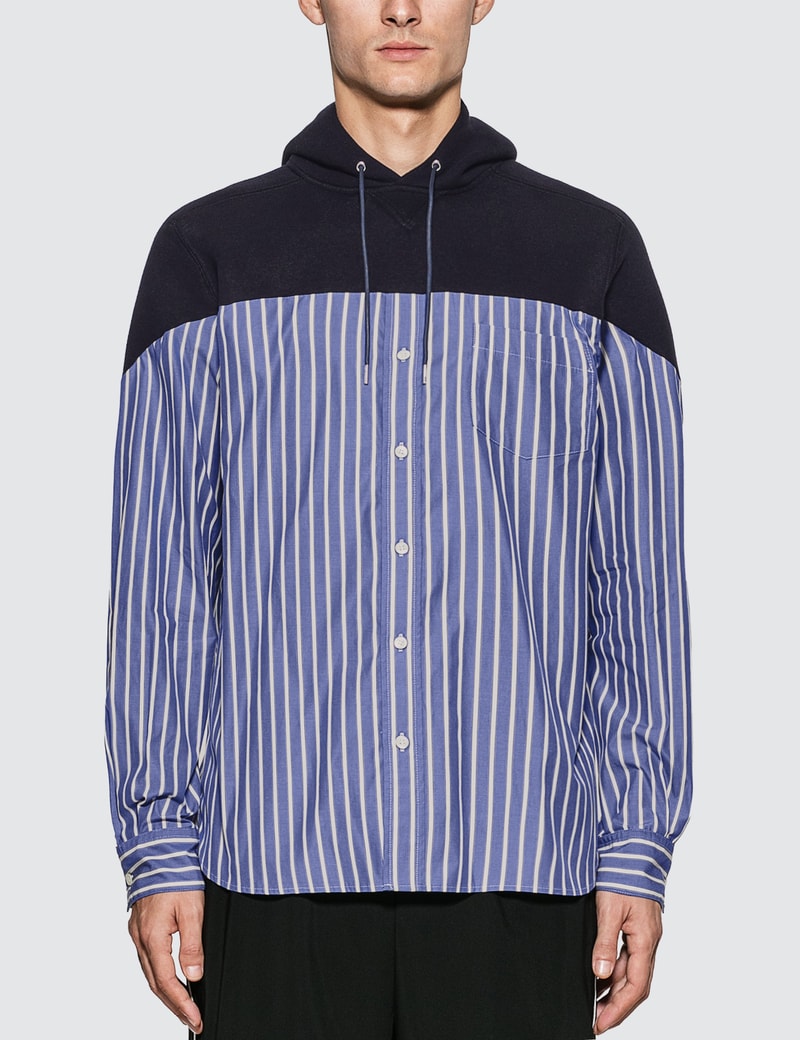 Image of Sacai Striped Cotton Shirt Hoodie