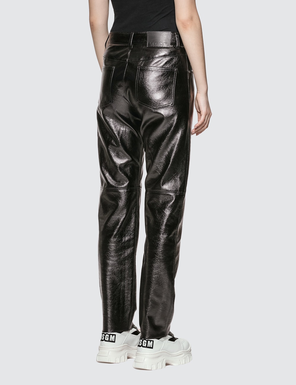 black leather straight leg pants