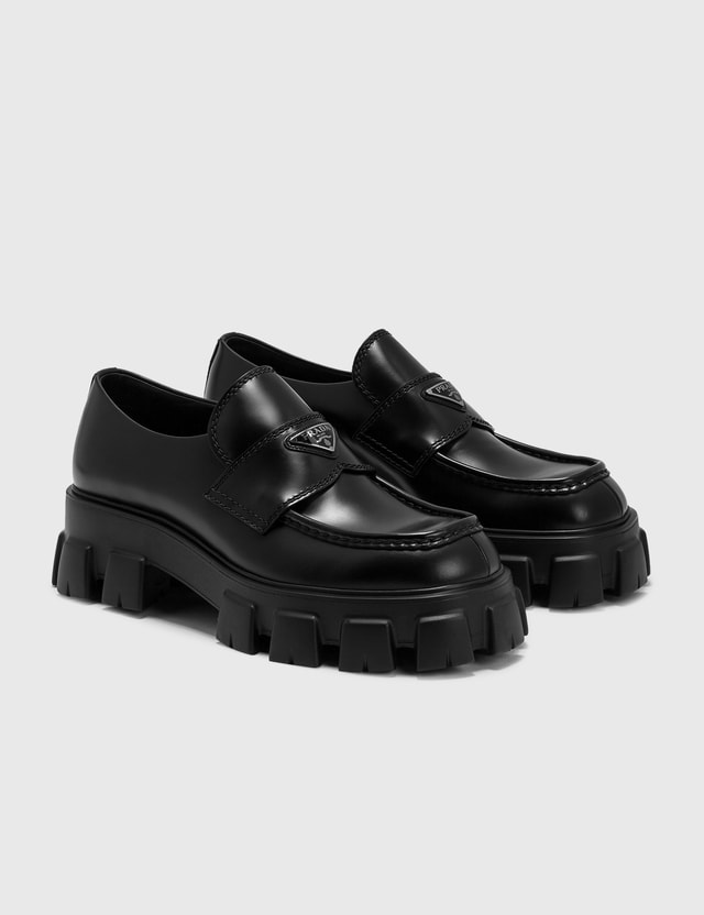 monolith brushed leather pointed loafers prada