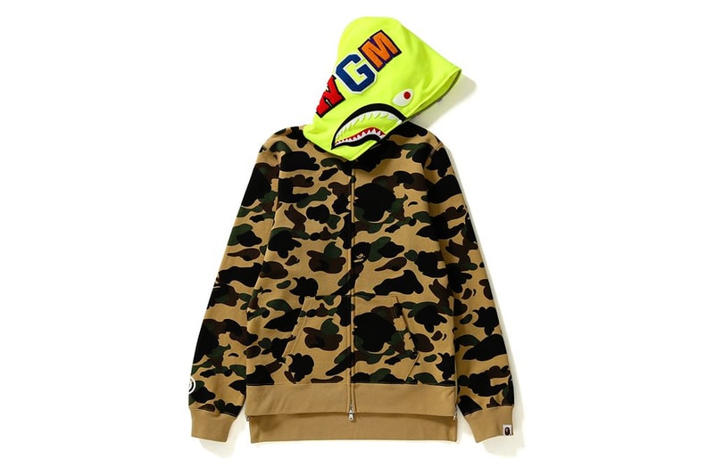 BAPE A Bathing Ape Camouflage Camo Collection Shark Face Hoodie Cozy Sweatshirt Print Orange Yellow Bold
