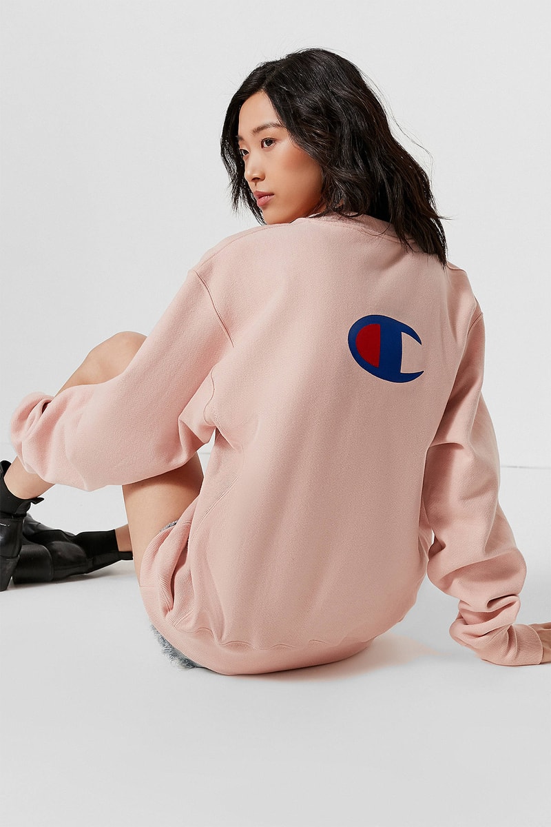 champion usa womens blush pastel light pink logo sweatshirt reverse weave urban outfitters