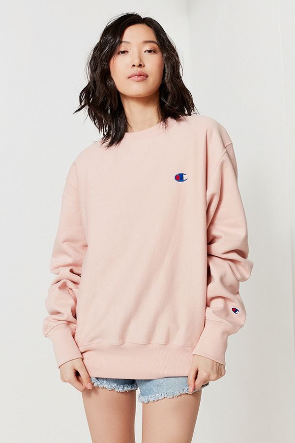 champion usa womens blush pastel light pink logo sweatshirt reverse weave urban outfitters