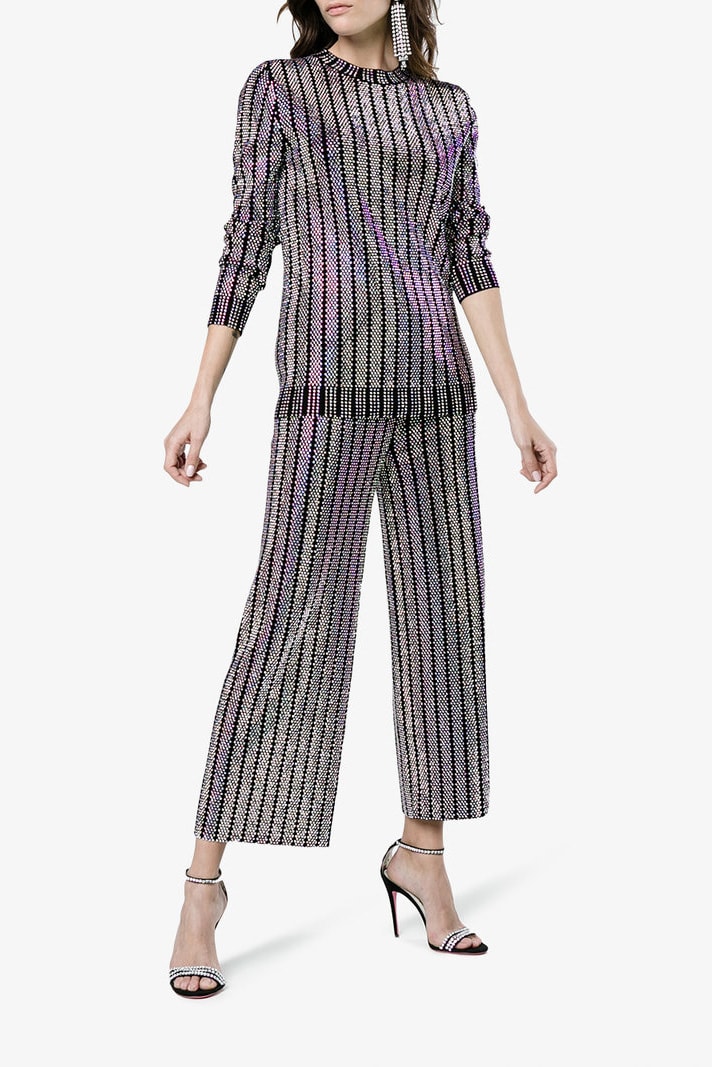 Gucci embellished embroidered iridescent sparkly shiny crystal multi-colored top jumper sweater wide leg pants two piece set browns brownsfashion.com