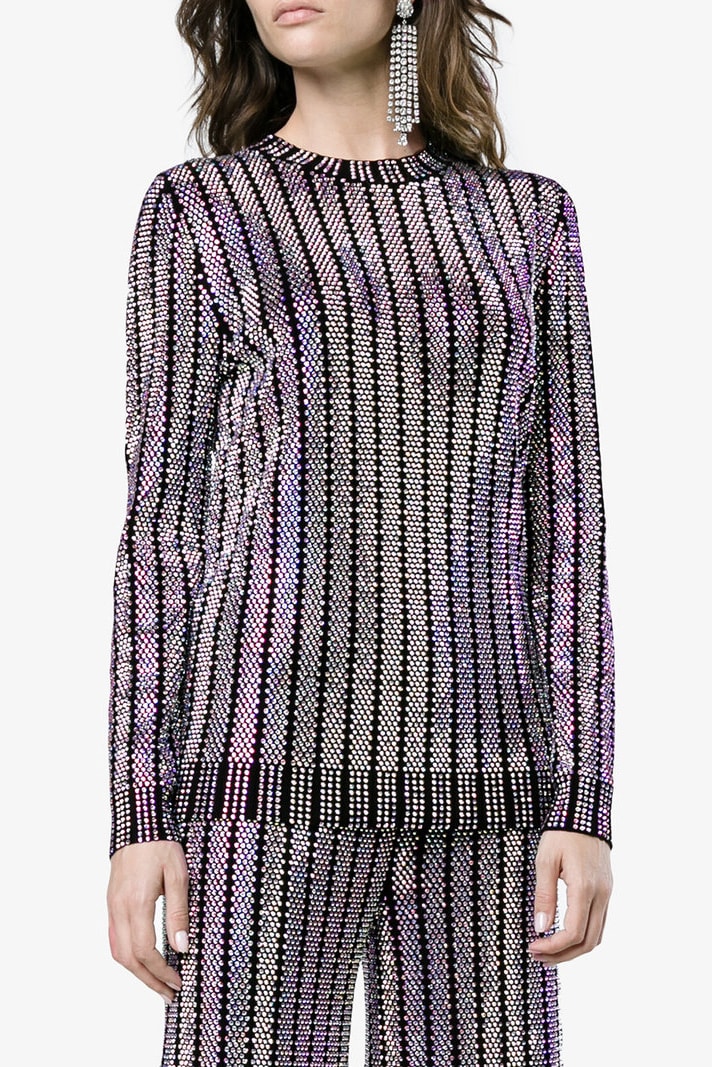 Gucci embellished embroidered iridescent sparkly shiny crystal multi-colored top jumper sweater wide leg pants two piece set browns brownsfashion.com