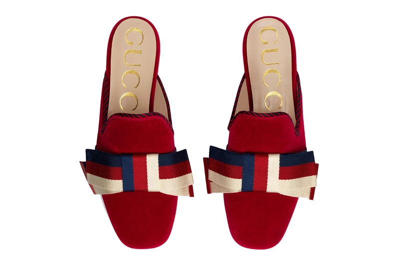 Gucci Velvet Slippers Sylvie Bow Hibiscus Red Blue Slides Mules Cruise 2018 Alessandro Michele