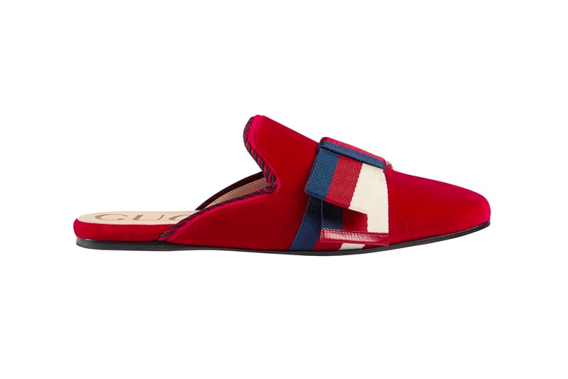 Gucci Velvet Slippers Sylvie Bow Hibiscus Red Blue Slides Mules Cruise 2018 Alessandro Michele