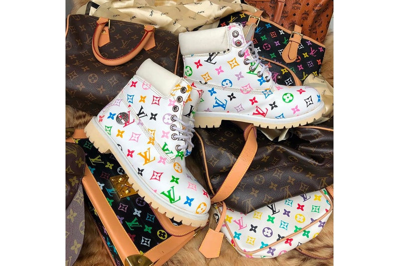 Custom Vintage Louis Vuiton Timberland Boots Frankie Collective Raffle Rework Rainbow Monogram White Leather