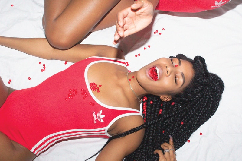 adidas Originals red bodysuit three stripe superstar 80s half heart editorial photo shoot marshall heritage valentines day