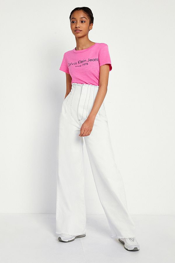 Calvin Klein minimal retro 90s pink logo t shirt cotton womens tee urban outfitters where to buy