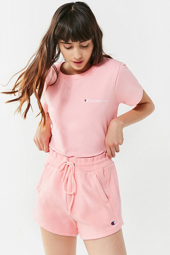 Champion Pink Reverse-Weave Shorts T-Shirt Set Urban Outfitters Logo Embroidery Loungewear Summer Spring Outfit