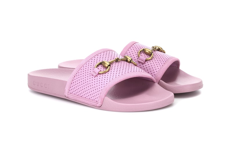 Gucci millennial pastel pink pool slides sandals  horsebit leather perforated mytheresa.com where to buy