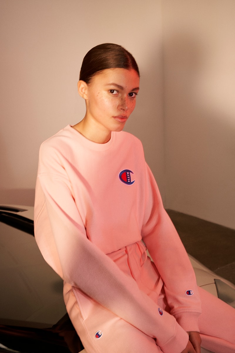 kith womens champion collaboration collection oversized sweatshirt logo hoodie cropped t-shirt 90s track jacket pants where to buy net-a-porter