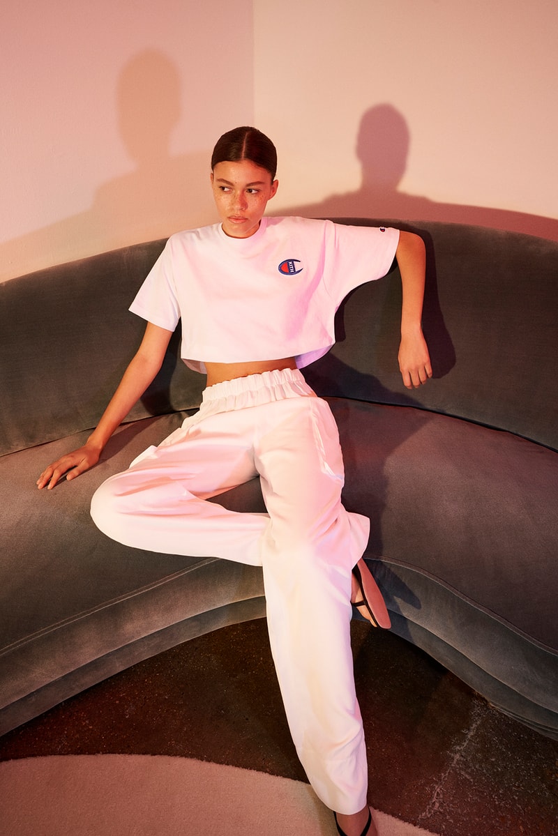 kith womens champion collaboration collection oversized sweatshirt logo hoodie cropped t-shirt 90s track jacket pants where to buy net-a-porter