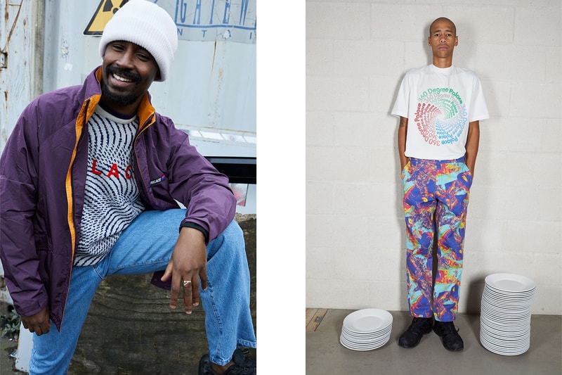 Palace Skateboards Spring 2018 Collection Lookbook Juergen Teller Purple Jacket Grey Sweater White Shirt Pattern Pants
