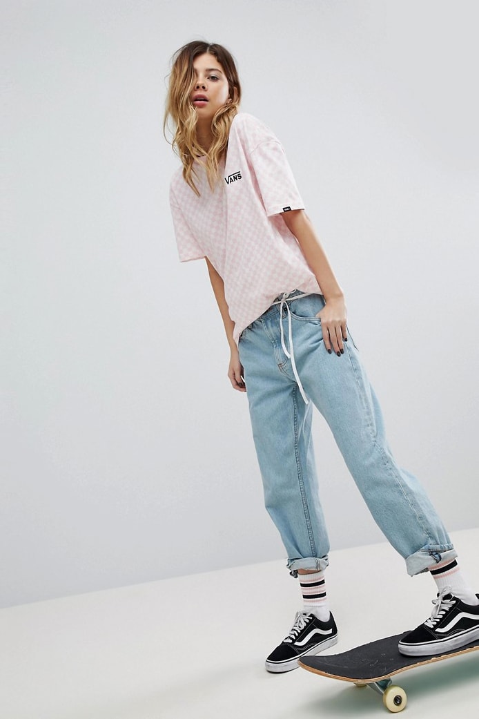 Vans womens girls millennial pastel pink checkerboard pattern logo t shirt oversized asos