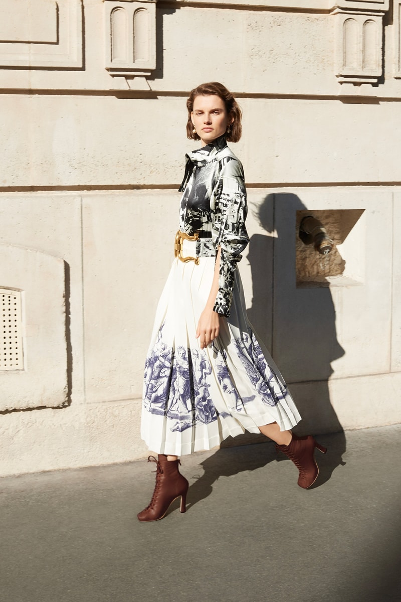 Celine E-Commerce Launch 24 Sevres Silk Patterned Shirt Graphic Skirt Glove Ankle Boots Belt Off-White Brown Gold