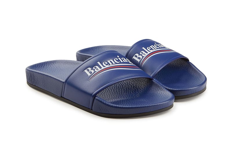 Balenciaga's Political-Inspired Logo Finally Hits the Beach Slides
