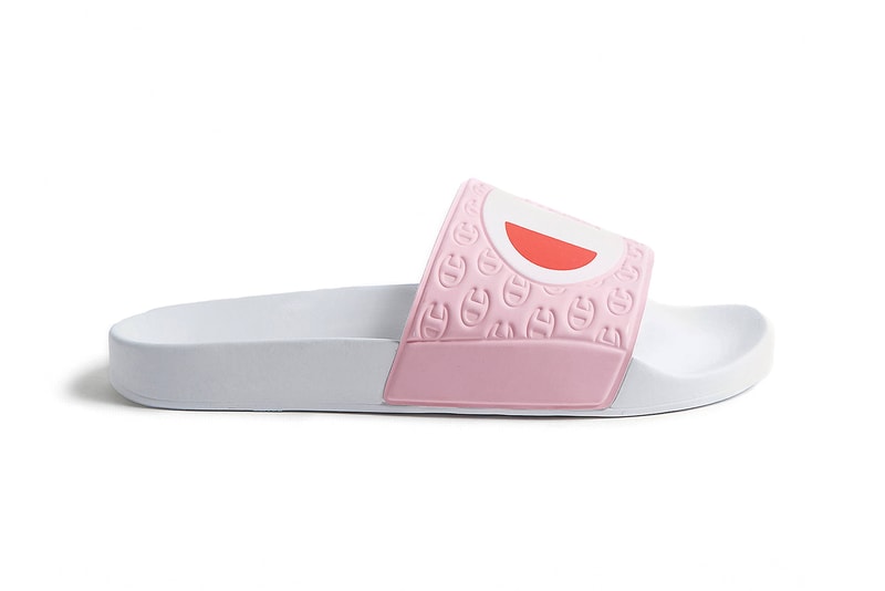 Champion Millennial pastel Pink Logo Print pool slides womens where to buy affordable urban outfitters