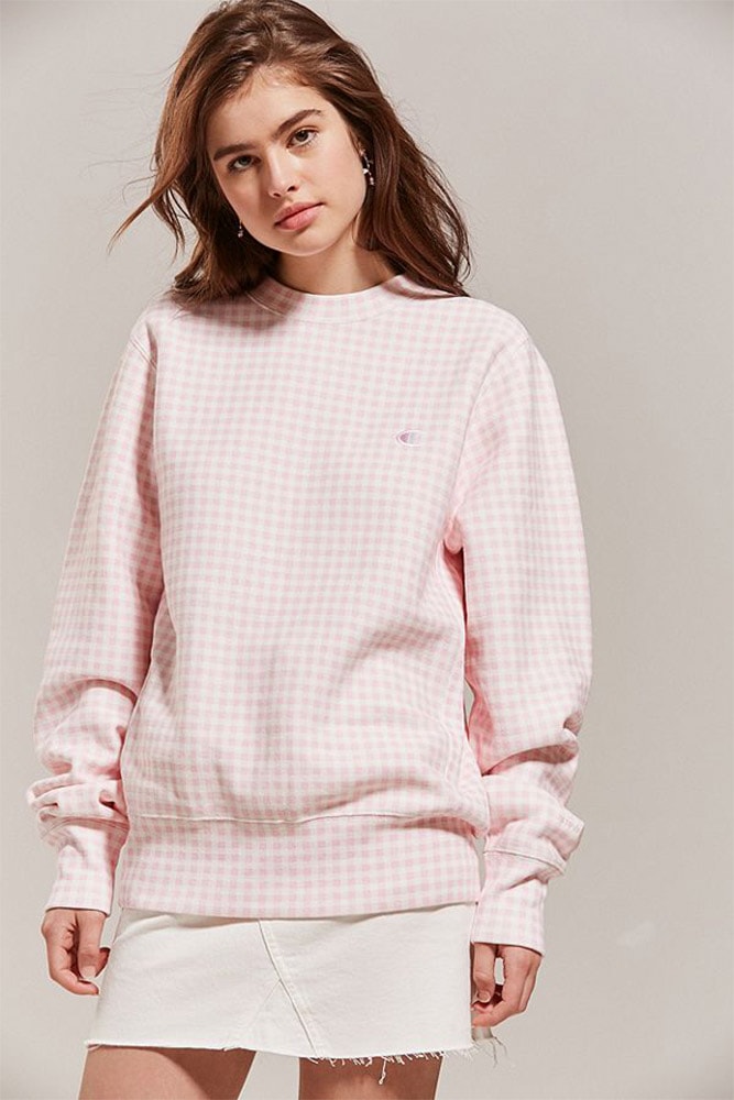 Champion Rose Pink Gingham Logo Sweatshirt Pastel Check Pattern HVN Urban Outfitters Reverse Weave