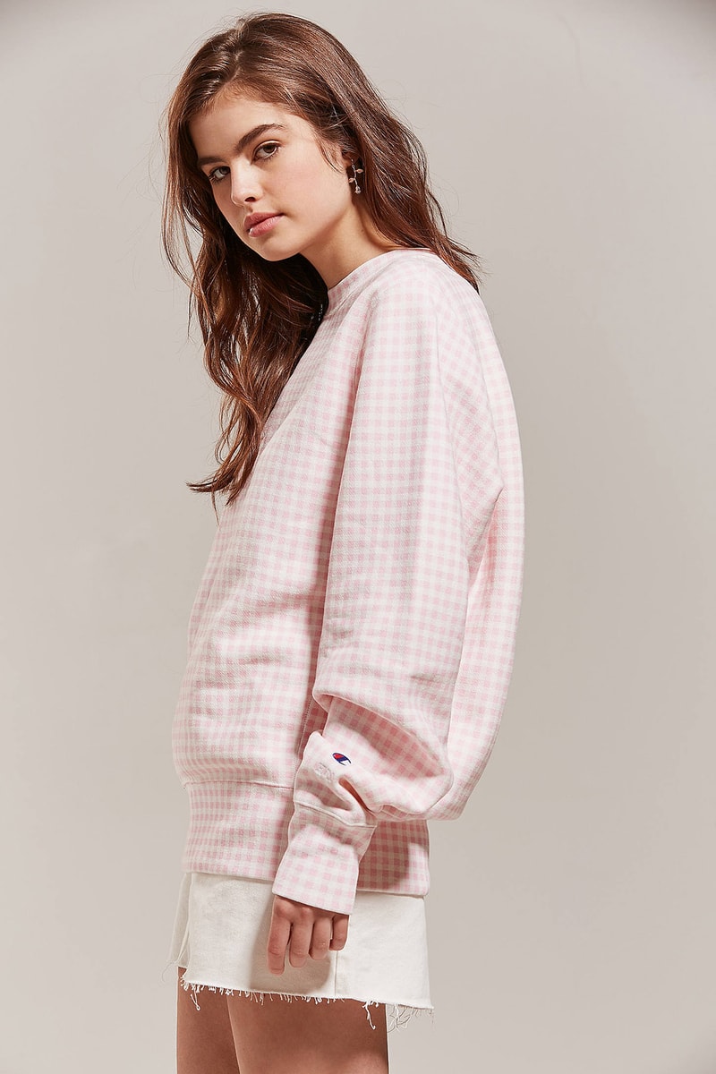 Champion Rose Pink Gingham Logo Sweatshirt Pastel Check Pattern HVN Urban Outfitters Reverse Weave
