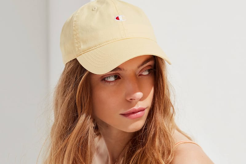 Champion x UO Release Exclusive Baseball Hats in Pastel Yellow and Pink